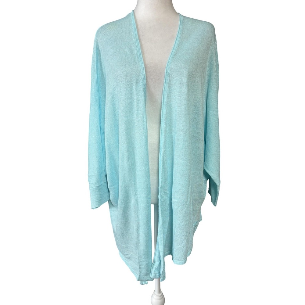 Chico's Cardigan Sweater Womens 2 Blue Open Front Dolman Knit Lightweight Sheer